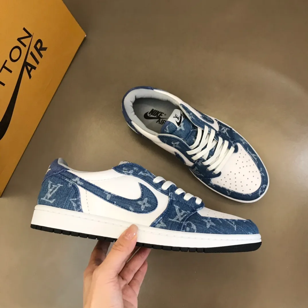 Men's shoes 💰p440 "*OUIS *UITTO* Nike" new original drawer box, co-branded low-top casual sneakers, this sneaker is completely made of denim canvas splicing leather, decorated with Louis Vuitton's iconic monogram and Damierl pattern with natural cowhide piping. The upper of this shoe combines LV’s most classic Monogram and Damier elements, giving it a sense of luxury and recognition! Size: 38-45